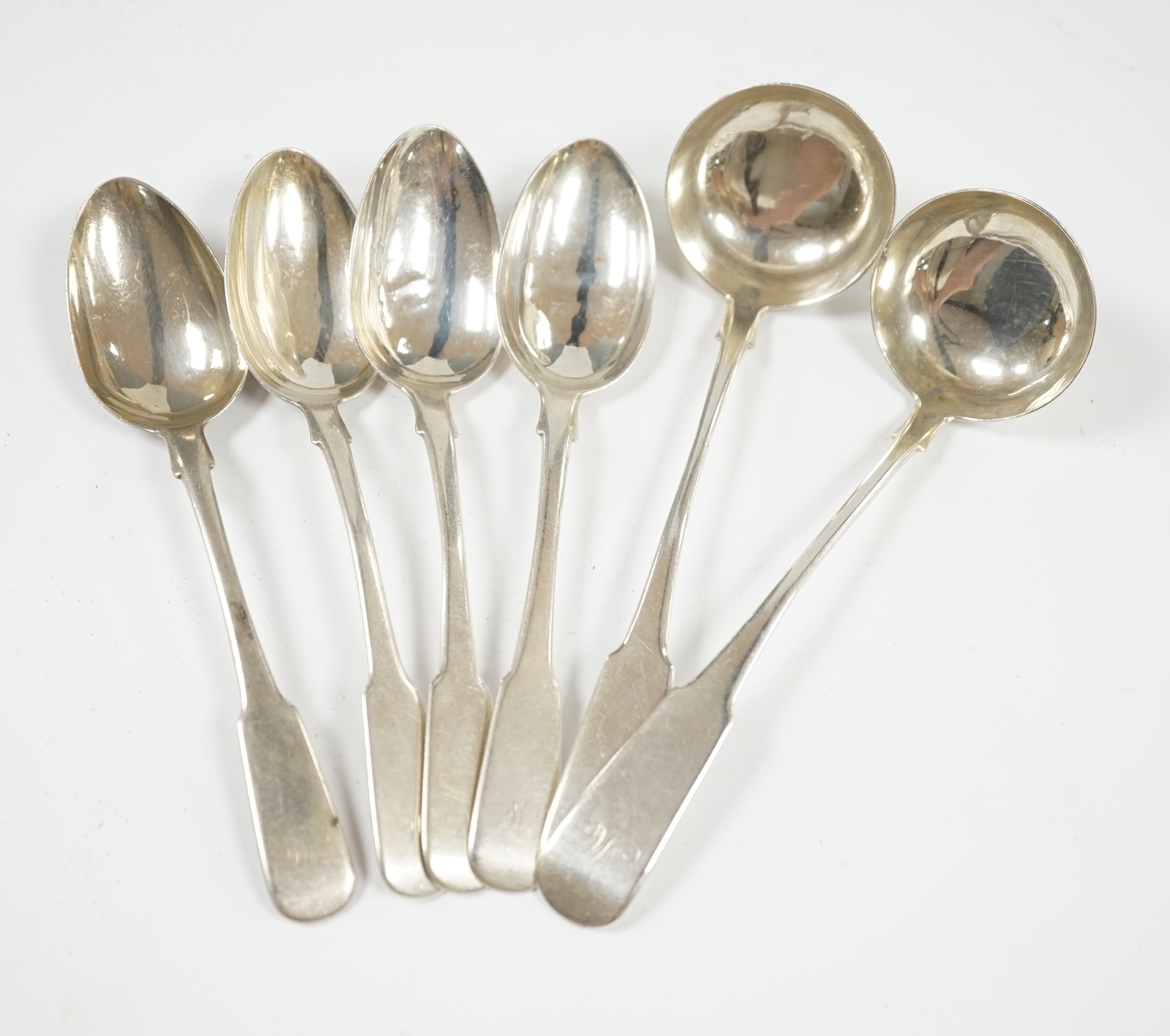A pair of Victorian Scottish provincial sauce ladles and a set of four teaspoons, Richard Kray II, Perth, circa 1820, 4.3oz. Condition - fair